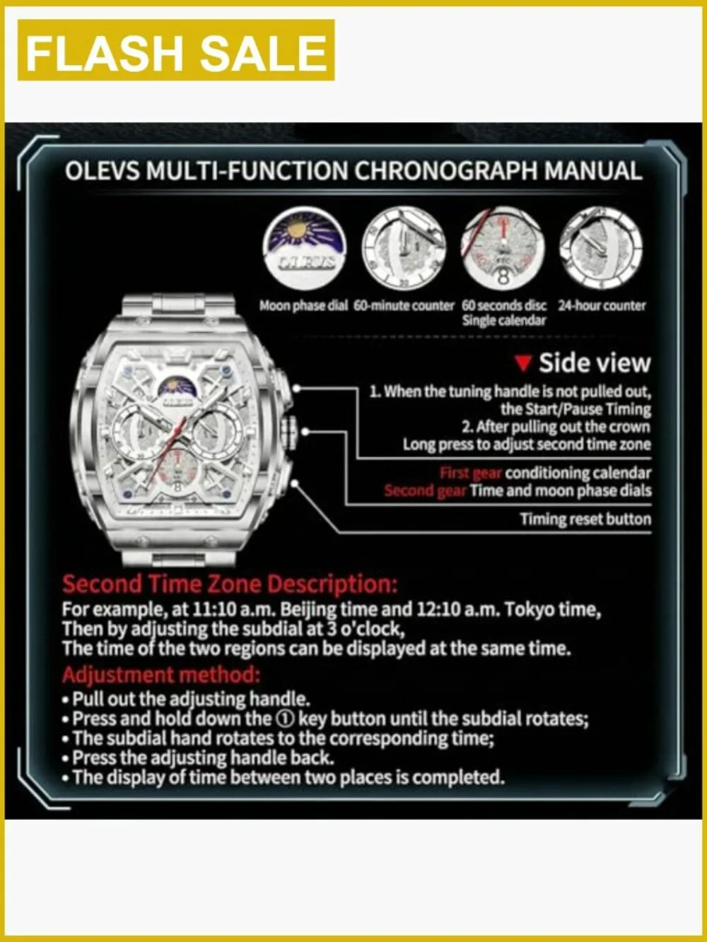 Men's Dress Watch Chronograph Stainless Steel Waterproof Square Face Moon Phase